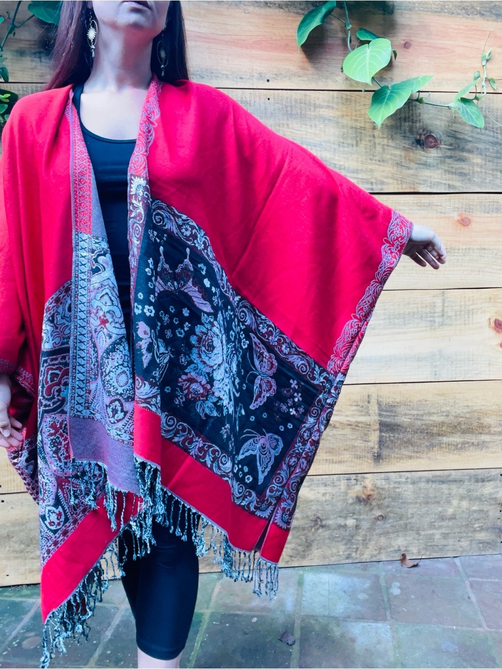 Guatemalan Red Floral Border Women's Wrap Jacket